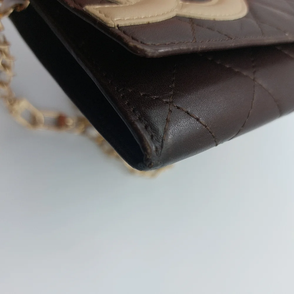 CHANEL Black & Tan Quilted Wallet-on-Chain with Gold Chain